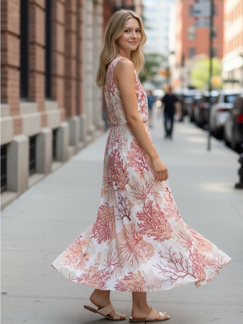 Sleeveless Coral-Print Maxi Dress - White & Coral